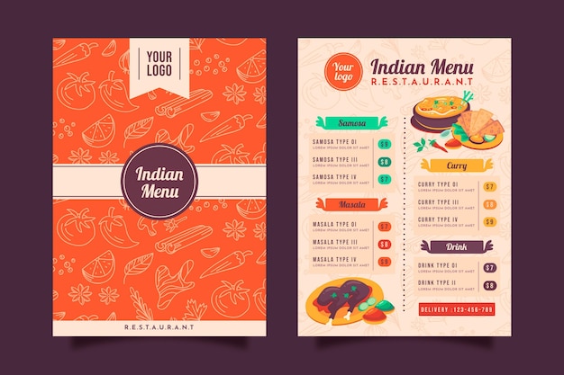 Plantilla De Menu De Restaurante Indio Tradicional De Diseno Plano Vector Premium