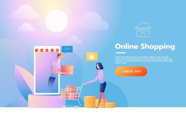 Plantilla de página de aterrizaje de compras en línea. concepto de diseño plano moderno de diseño de página web para sitio web y sitio web móvil. ilustración vectorial Vector Premium