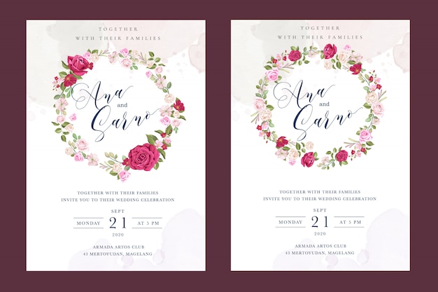 Plantilla de tarjeta de boda hermosa con coloridas rosas granate Vector Premium