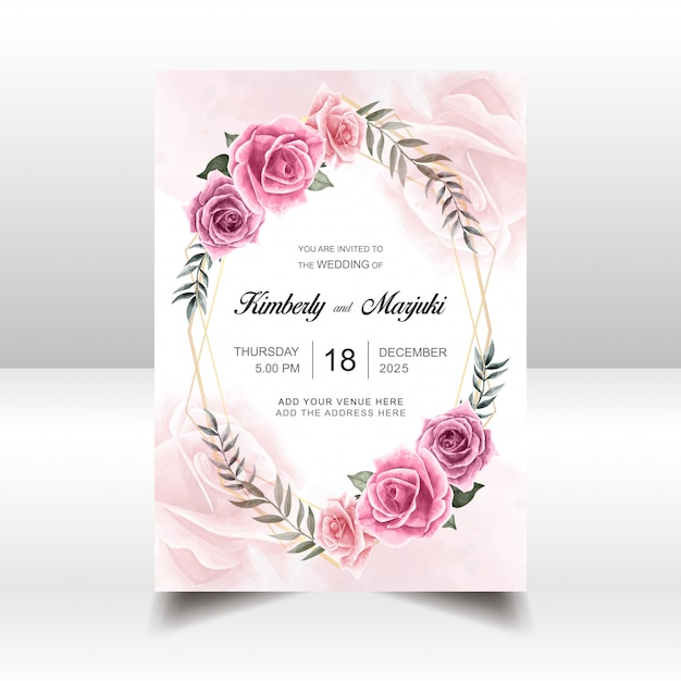 Plantilla de tarjeta de invitación de boda con acuarela floral Vector Premium