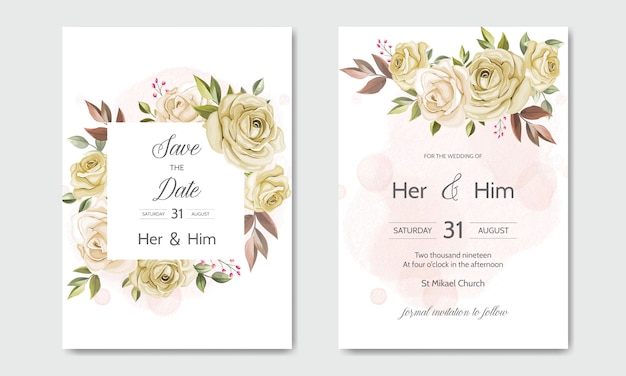 Plantilla de tarjeta de invitación de boda con hermosas hojas florales Vector Premium