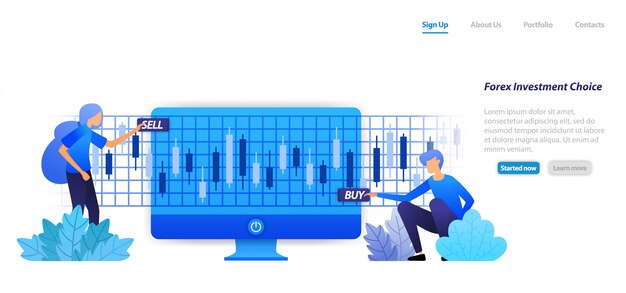 Plantilla web de página de aterrizaje. la acción sobre una inversión financiera, compra o pérdida de beneficios, es un riesgo en las decisiones de inversión en forex de acciones. Vector Premium