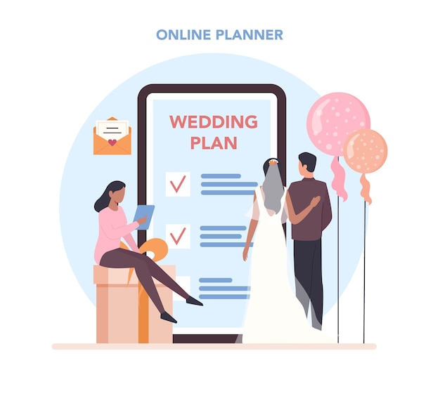 Plataforma O Servicio Online De Wedding Planner Organizador Profesional De Planificacion De Eventos De Bodas Planificador De Matrimonio De Novios Planificador En Linea Ilustracion Vectorial Vector Premium