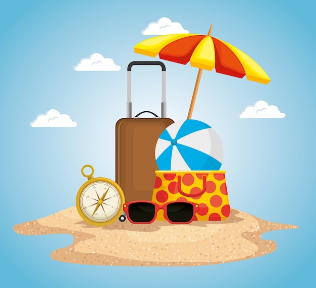 Playa con diseño de ilustración de vector de iconos de vacaciones de verano | Vector Premium