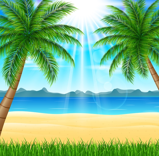 Playa Tropical Con Sol Brillante Y Palmeras Vector Premium 0702