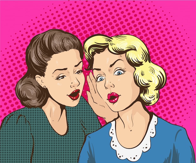 Pop art retro ilustración cómica. mujer susurrando chismes o secretos a su amiga Vector Premium