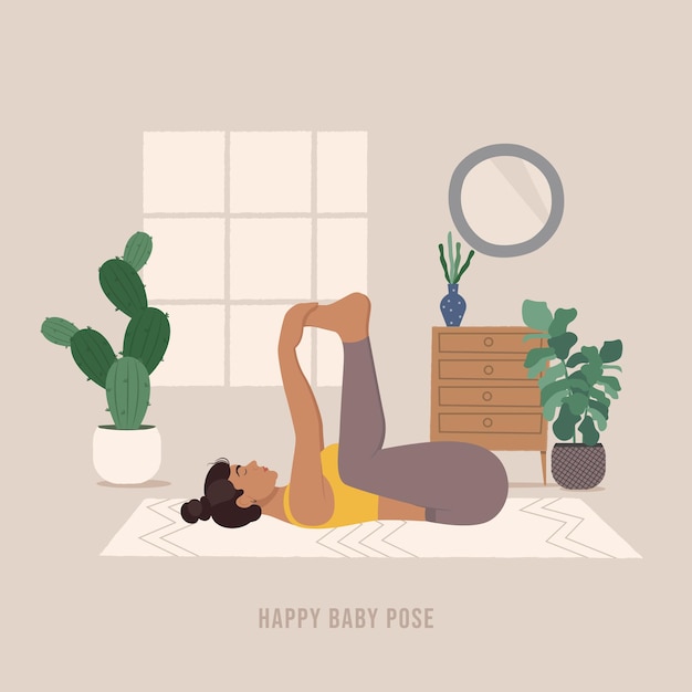 Pose De Bebe Feliz Joven Practicando Yoga Pose Vector Premium