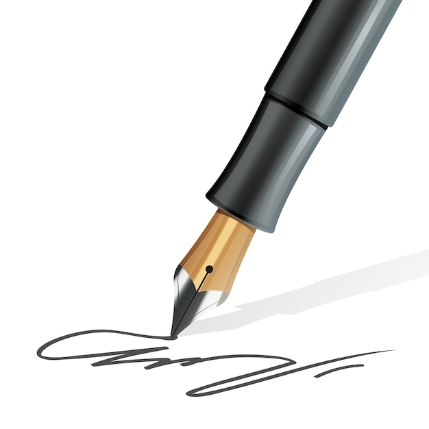 Primer plano de pluma estilográfica escribiendo una firma realista. vector gratuito