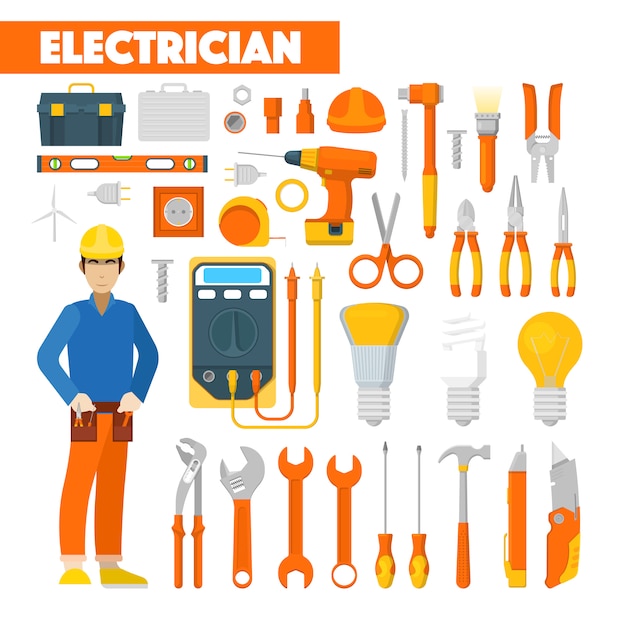 Profesión Electricista Iconos Conjunto Con Voltímetro Y Herramientas ...