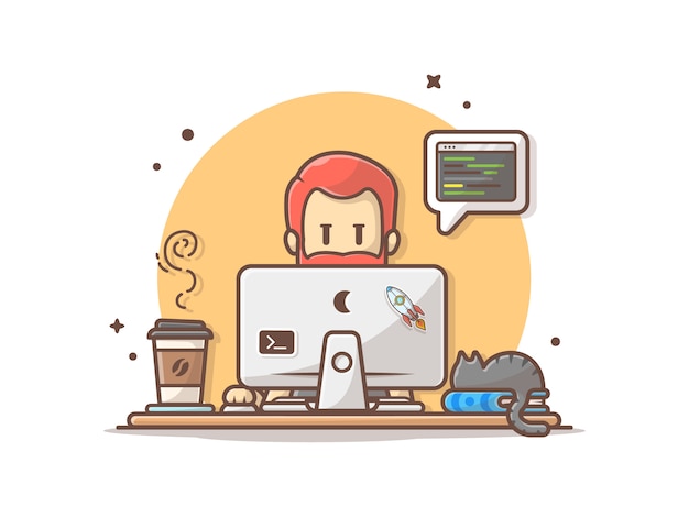 Programador Con Codigo Gato En El Libro Y Cafe Vector Ilustracion De Imagenes Predisenadas Vector Premium