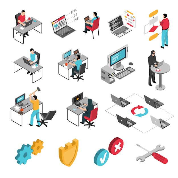 Programadores trabajan conjunto isométrico vector gratuito