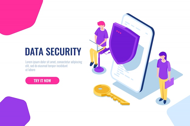 Protección de datos móviles e información personal, teléfono móvil con escudo y llave. vector gratuito