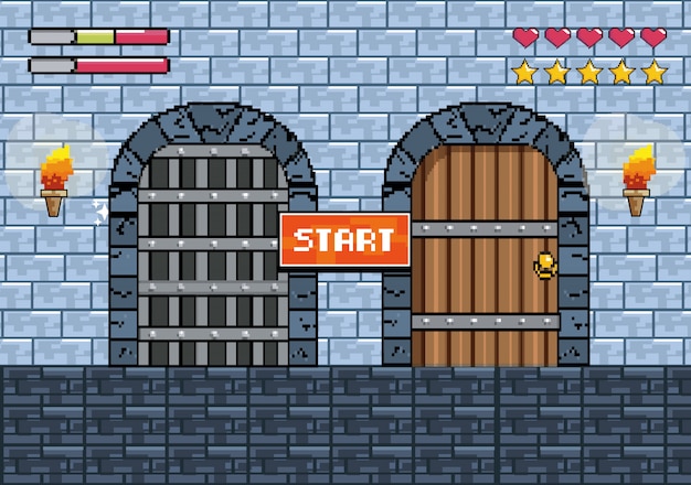 Puertas de castillos con antorchas y mensaje de aviso con salvavidas. vector gratuito