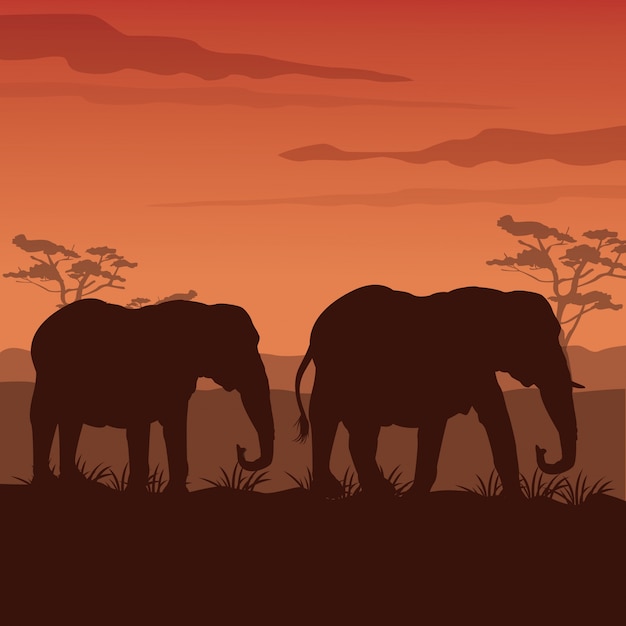 Puesta De Sol Paisaje Africano Con Silueta Elefantes Caminando Vector Premium