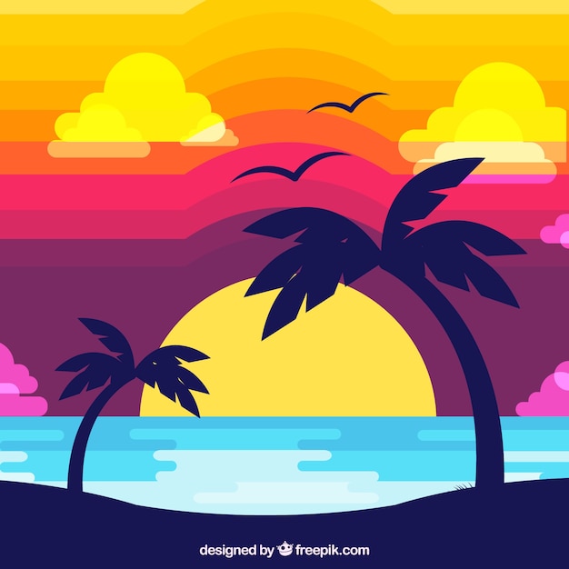 Puesta De Sol Tropical En Estilo Flat Vector Gratis