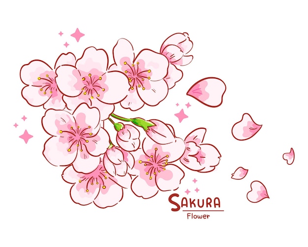 Rama De Flores De Sakura Ilustración De Arte De Dibujos Animados Dibujados A Mano Vector Gratis