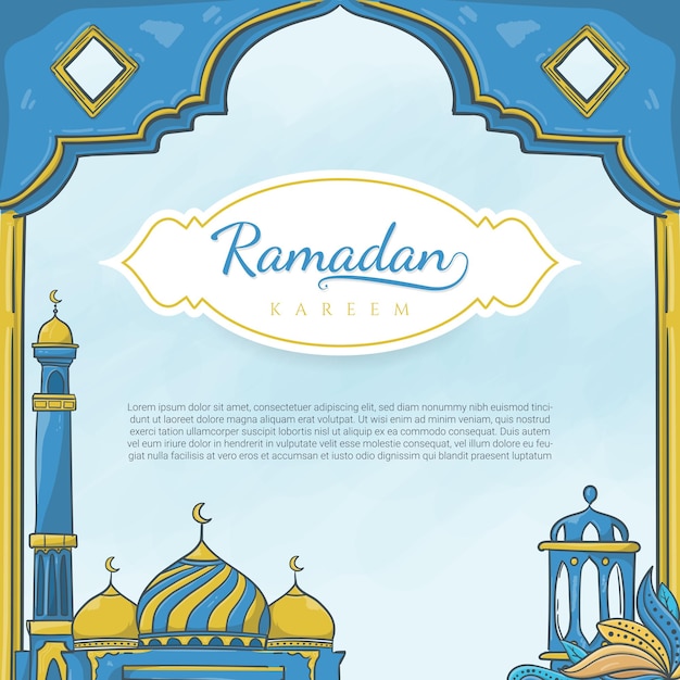 Ramadán kareem dibujado a mano con adornos islámicos Vector Premium