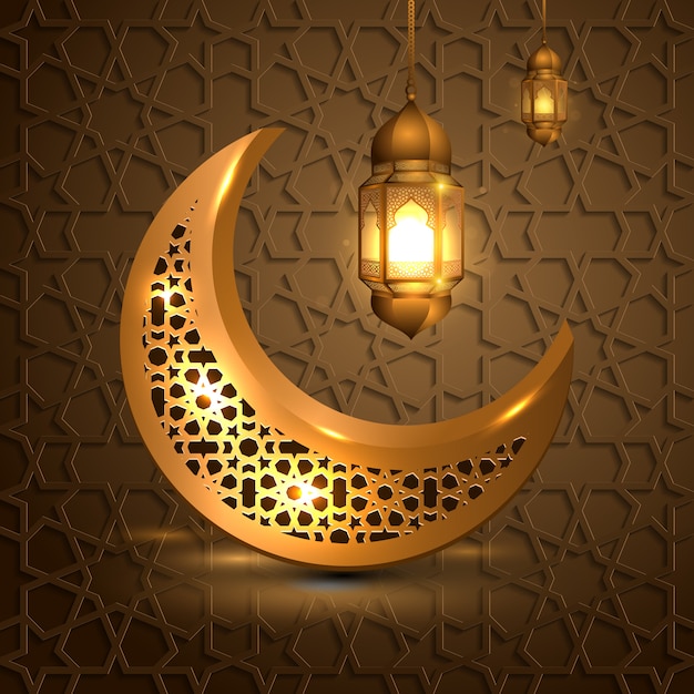 Ramadán Kareem Con Luna Dorada Y Linterna Islámica Vector Premium