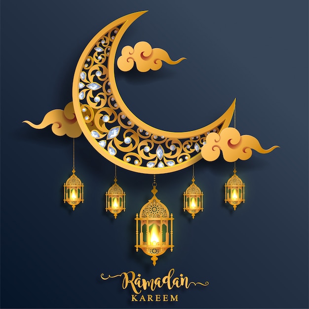 Ramadan kareem o eid mubarak saludo fondo islámico con oro estampado y