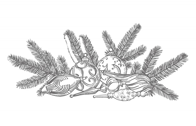 Ramas De Arboles De Navidad Y Juguetes De Arboles De Navidad Elementos De Diseno De Ano Nuevo Y Navidad Ilustracion Vintage Vector Premium