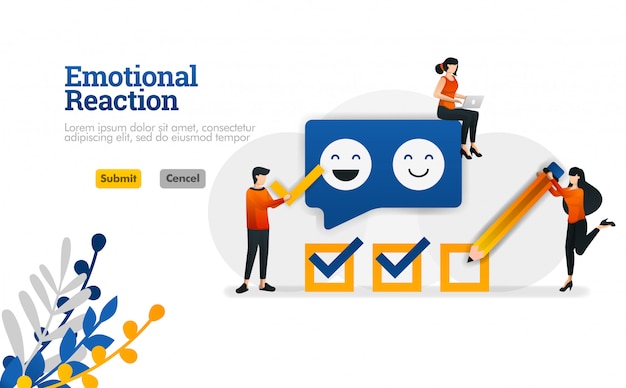 Reacción emocional para usuarios y desarrolladores de aplicaciones. marketing y publicidad ilustración vectorial Vector Premium