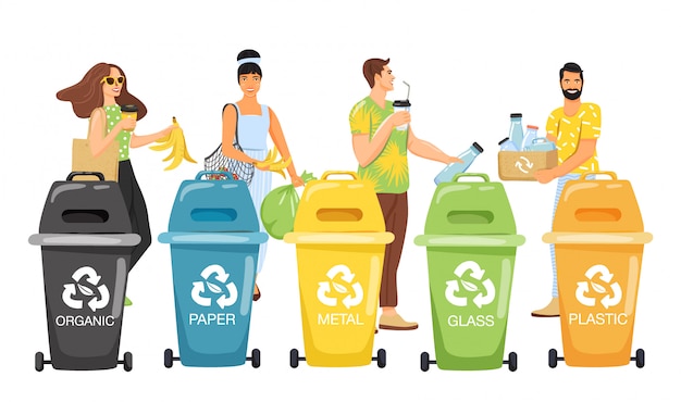 Reciclaje Personas Clasificando Basura En Contenedores Para Reciclar Vector Premium