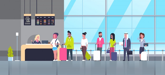 Regístrese en el grupo de aeropuertos de los pasajeros de la carrera mixta que se colocan en la cola del mostrador, concepto de tablero de salidas Vector Premium