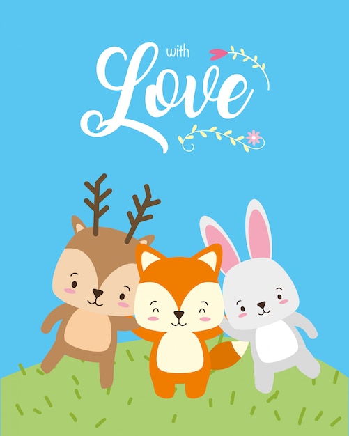 Reno, zorro y conejito, animales lindos, estilo plano y de dibujos animados, ilustración vector gratuito