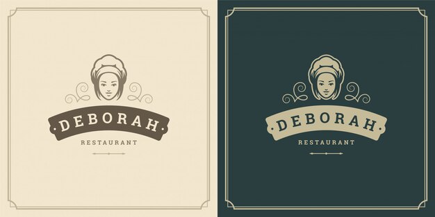 Restaurante Logo Plantilla Ilustracion Mujer Chef Cabeza En Tapa Simbolo Y Decoracion Buena Para Menu Y Signo De Cafe Vector Premium