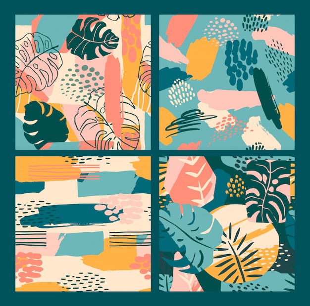 Resumen creativos patrones sin fisuras con plantas tropicales y antecedentes artísticos. Vector Premium