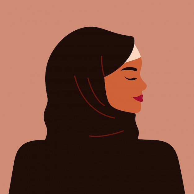 Retrato De Una Mujer Musulmana Fuerte De Perfil Con Un Hijab Negro Joven Arabe Segura Vector Premium