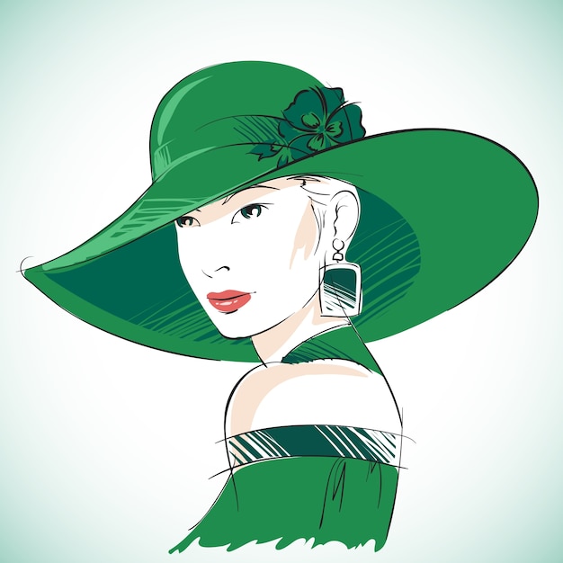 Retrato De Mujer Sensual Atractiva Vistiendo Sombrero Verde Y Pendientes Ilustración Vectorial 