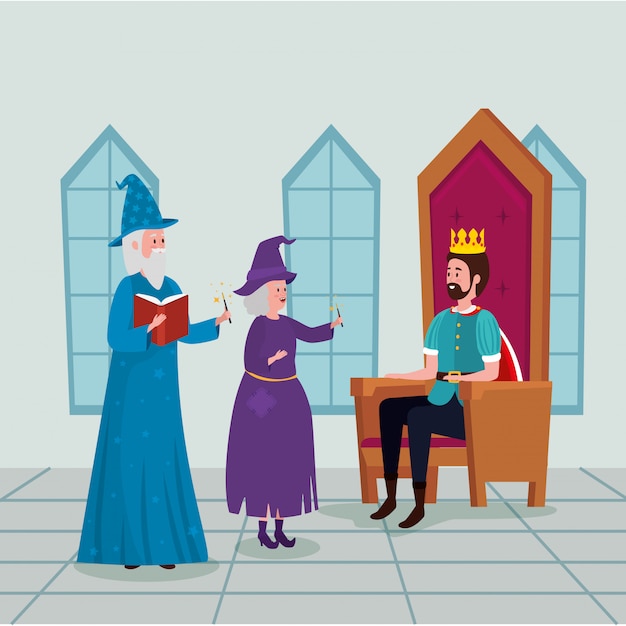 Rey con mago y bruja en castillo | Vector Gratis