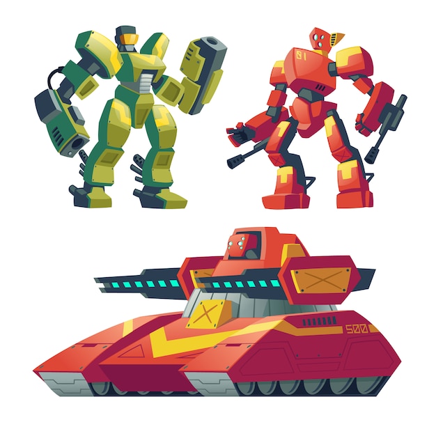 Robots De Combate De Dibujos Animados Con Tanque Rojo Batalla De Androides Con Inteligencia Artificial Vector Gratis