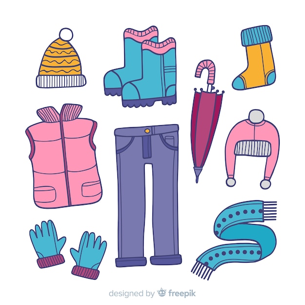 Ropa y accesorios de invierno imprescindibles dibujados a mano | Vector