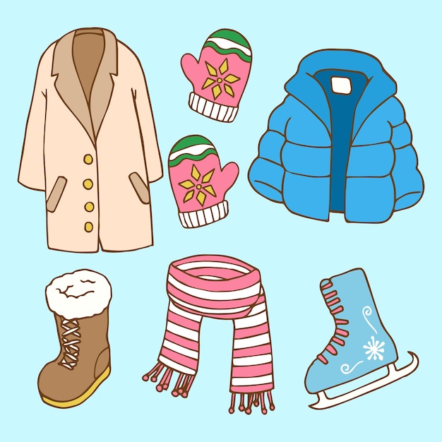 Ropa de invierno y elementos esenciales dibujados a mano. | Vector Gratis