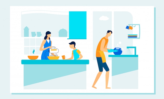 Rutina familiar feliz en la cocina. ocio, deberes. Vector Premium