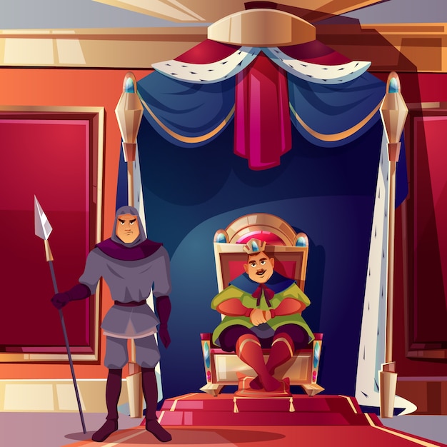 Sala del trono con el rey y su severa guardia. | Vector Gratis