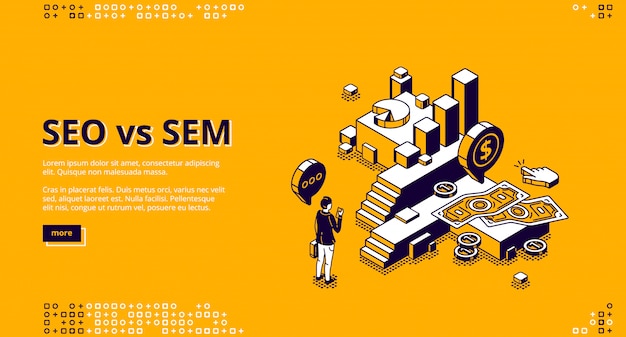 Seo vs sem aterrizaje isométrico, marketing digital vector gratuito