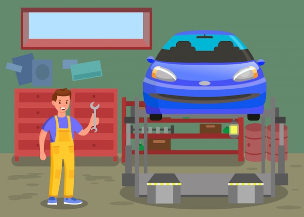 Servicio de mantenimiento de autos, ilustración taller | Vector Premium