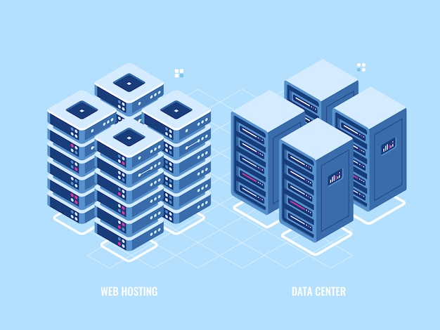 Servidor web de servidores de rack, icono isométrico de base de datos y centro de datos, tecnología digital blockchain vector gratuito