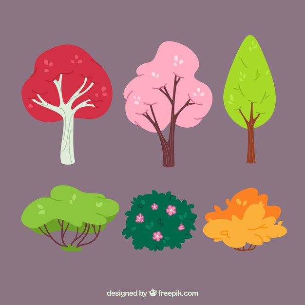 Set de árboles y plantas de colores dibujadas a mano Vector Premium