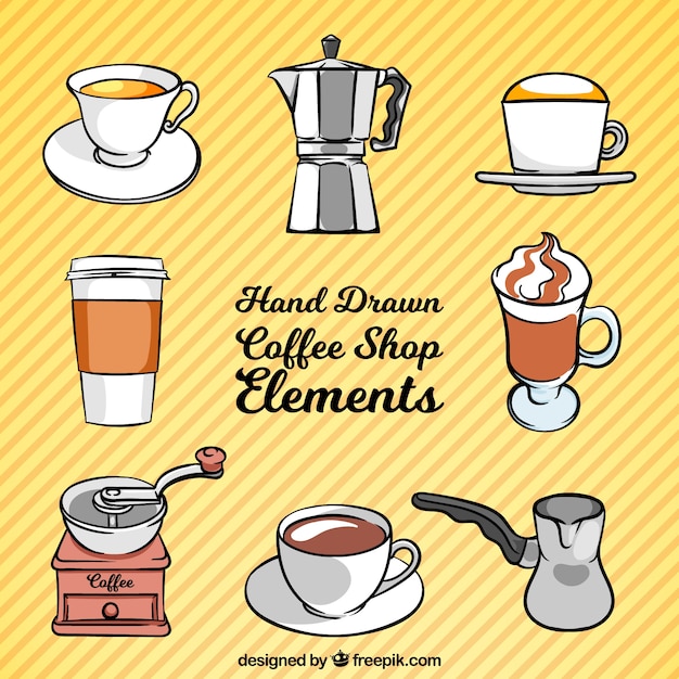 Set de cafetera y accesorios de café dibujados a mano Vector Gratis