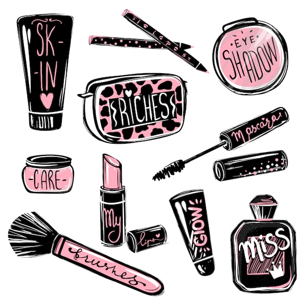 Set de maquillaje cosméticos elementos de belleza hermosa ilustración