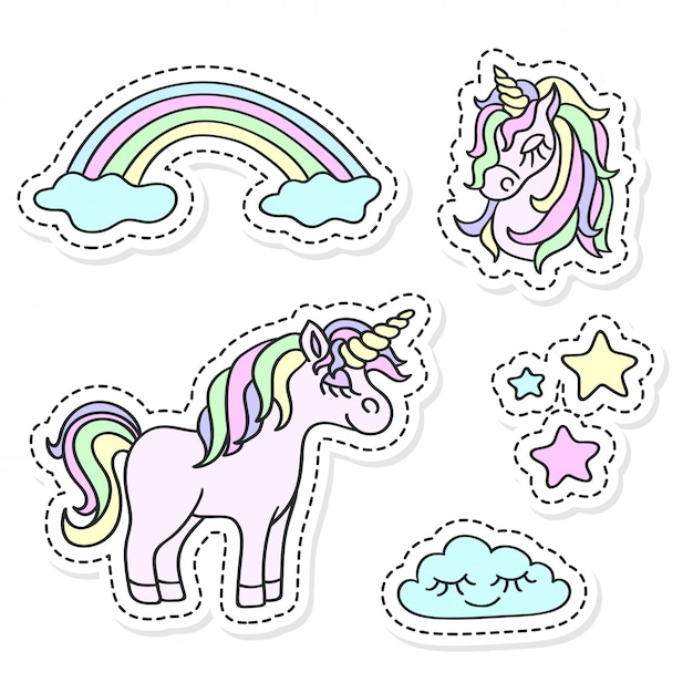 Set De Pegatinas De Unicornio Y Arcoiris Vector Premium