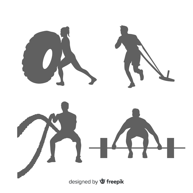 Set de siluetas de hombres y mujeres haciendo crossfit y ejercicio vector gratuito