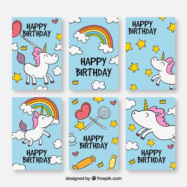 Set de tarjetas de cumpleaños con unicornios dibujados a ...