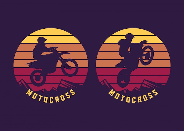 Silueta De Salto De Motocross Con Ilustraci N Retro Puesta De Sol Vector Premium