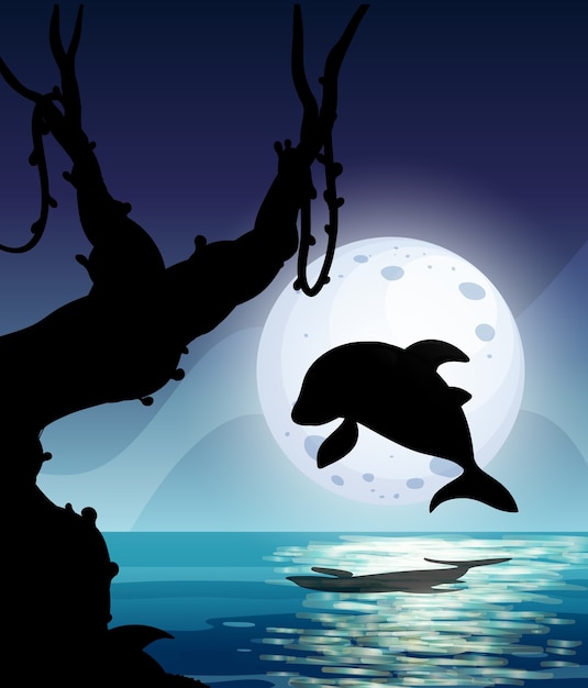 Siluete De Delfines Saltando En El Mar De Noche Vector Gratis