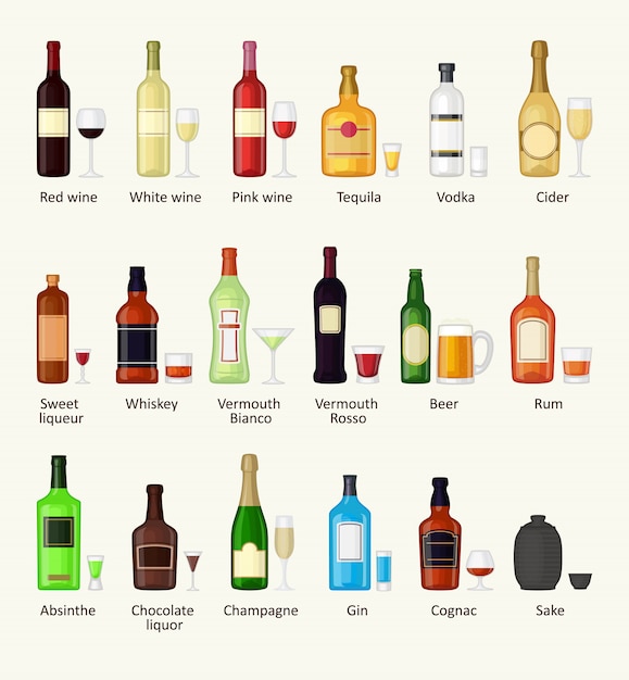 El sistema de diversa botella de la bebida del alcohol y los vidrios vector el ejemplo. Vector Premium